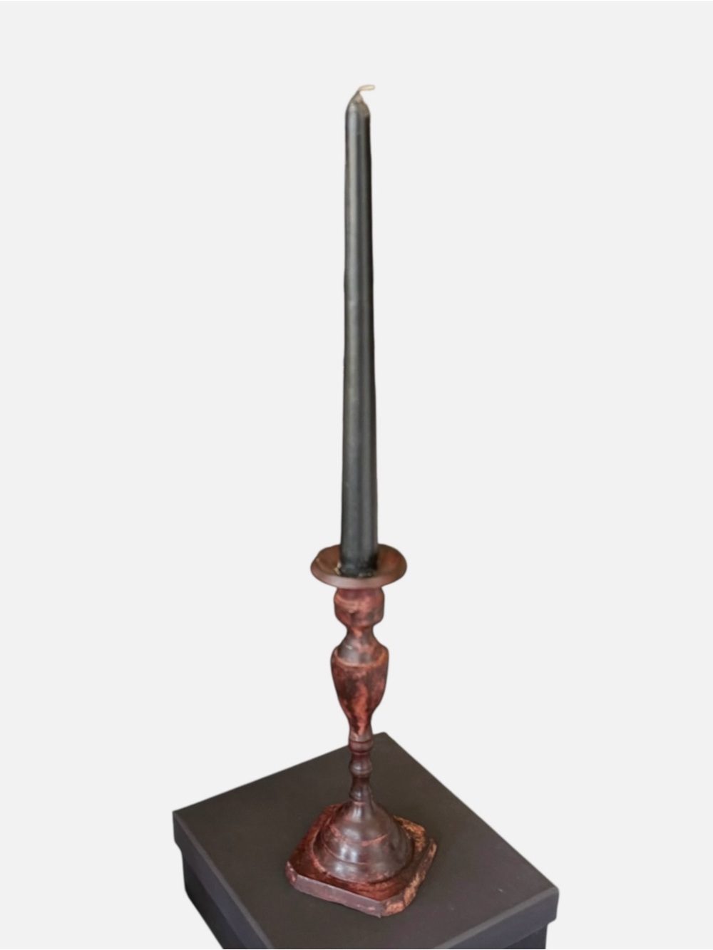 Antique-Style Red-Brown Metal Taper Candle Holder with Black Taper